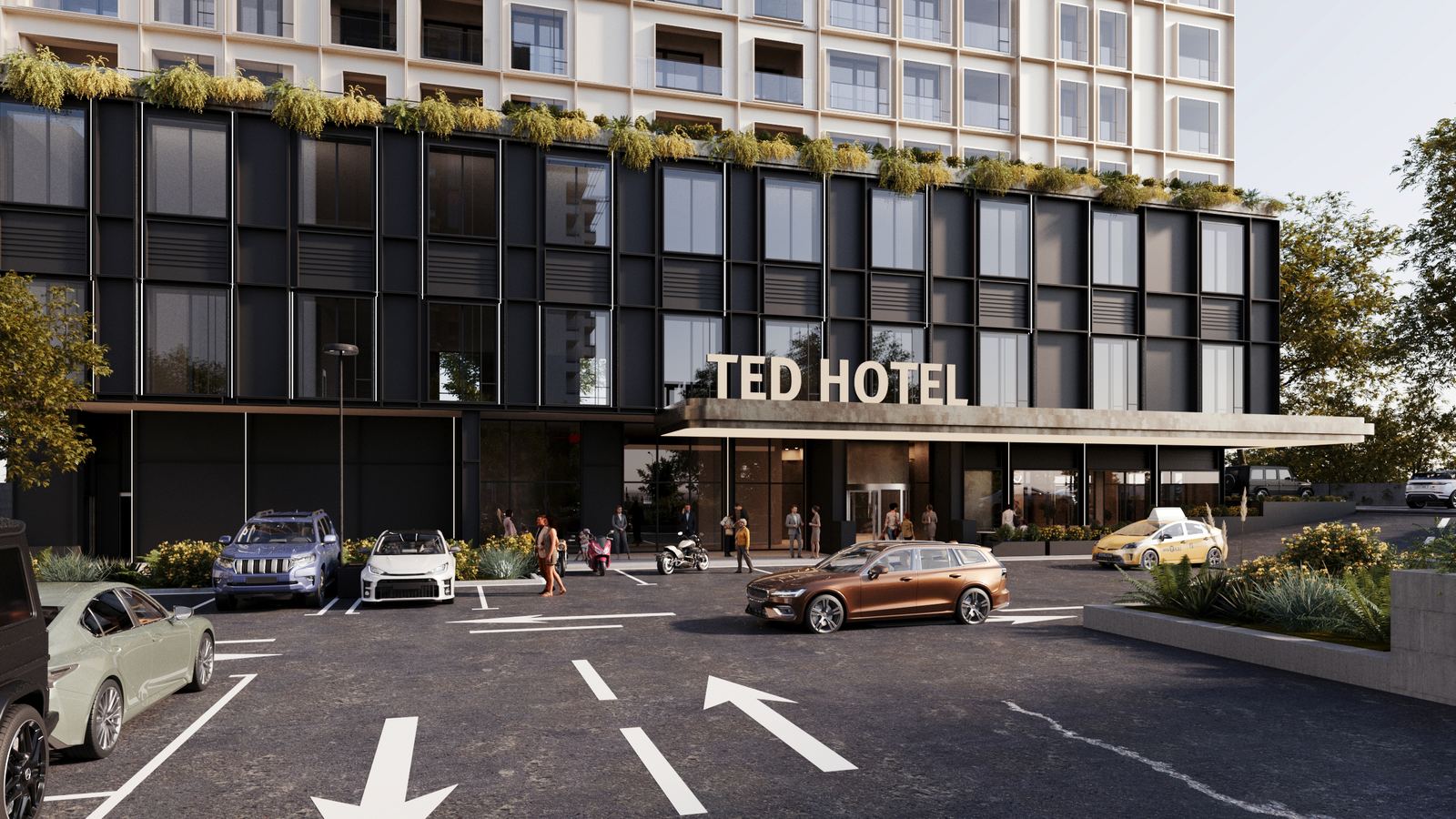 Main façade of TED Hotel & Offices with entrance canopy and urban forecourt
