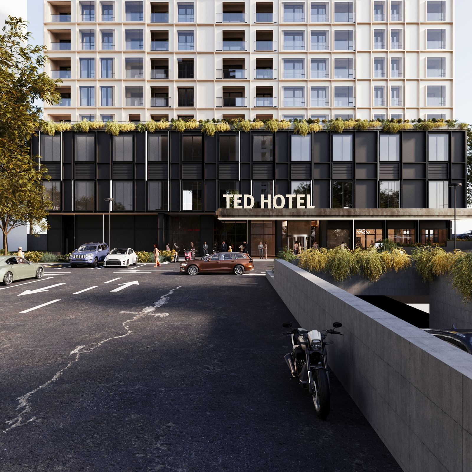 Street-level view of TED Hotel & Offices façade with entrance, canopy, and layered volumes