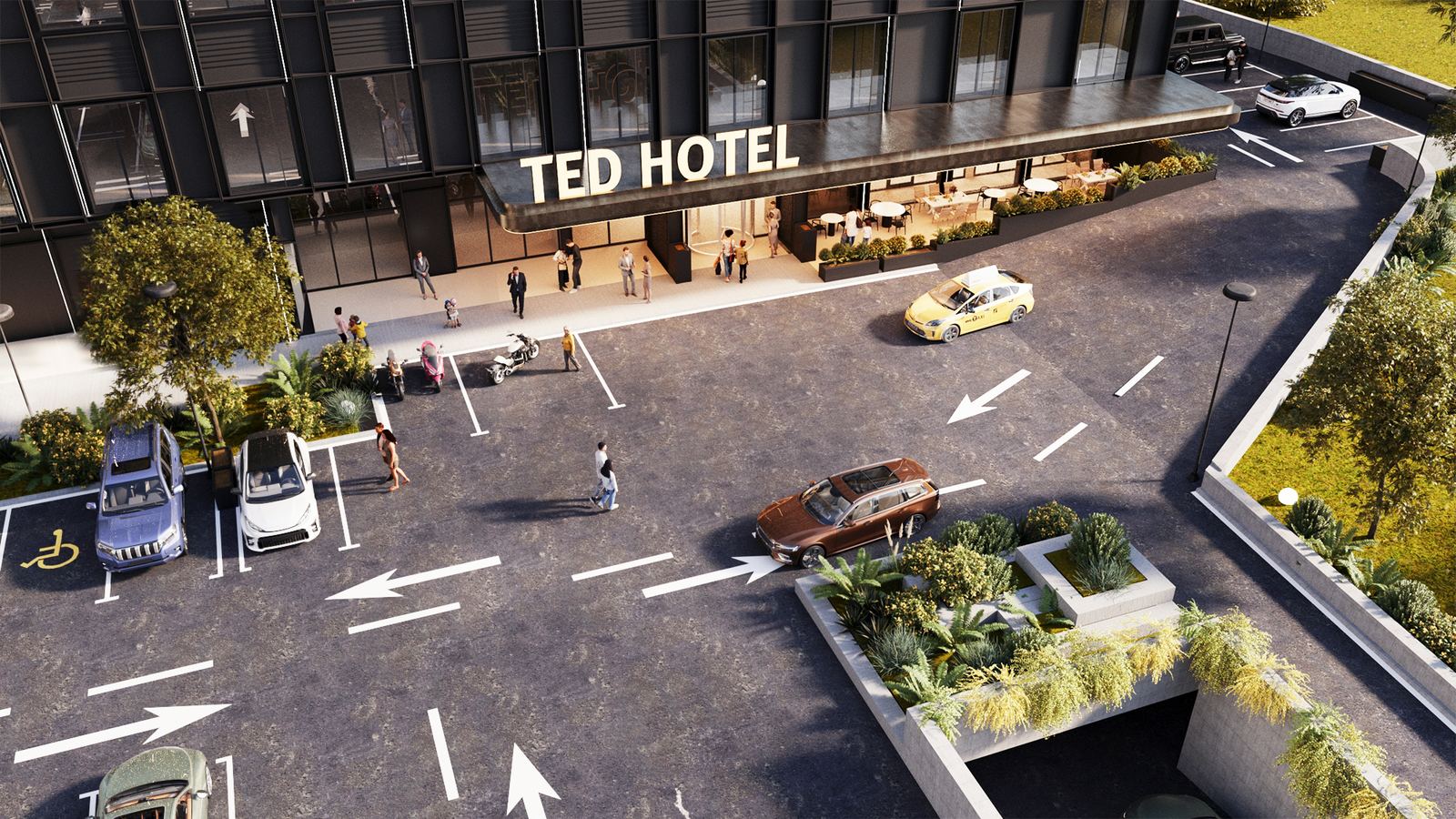 Aerial view of TED Hotel & Offices entrance with urban forecourt, traffic flow, and canopy
