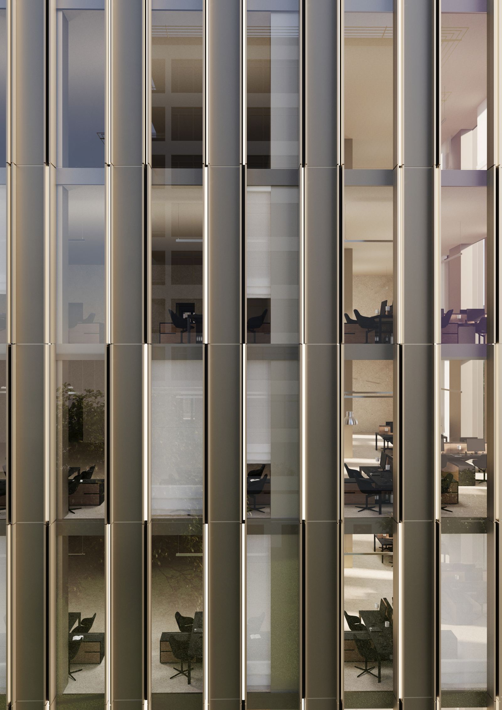 Close-up of tower façade with vertical fins and layered transparency at TED Hotel & Offices