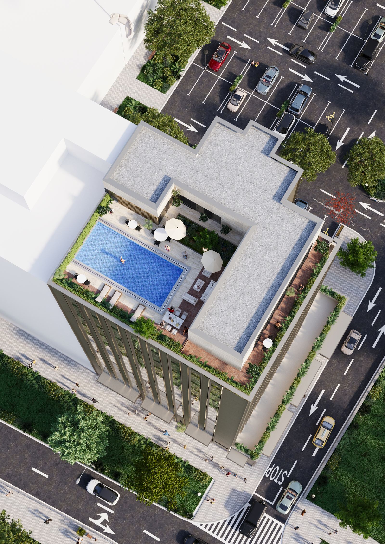 Rooftop terrace with swimming pool and lounge area overlooking the city