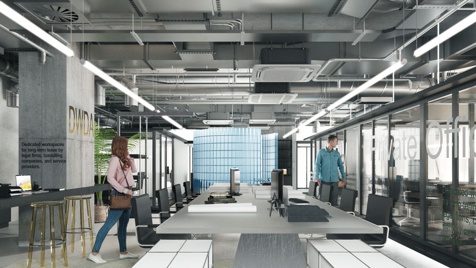 Open-plan office with long worktables and glass partitions.