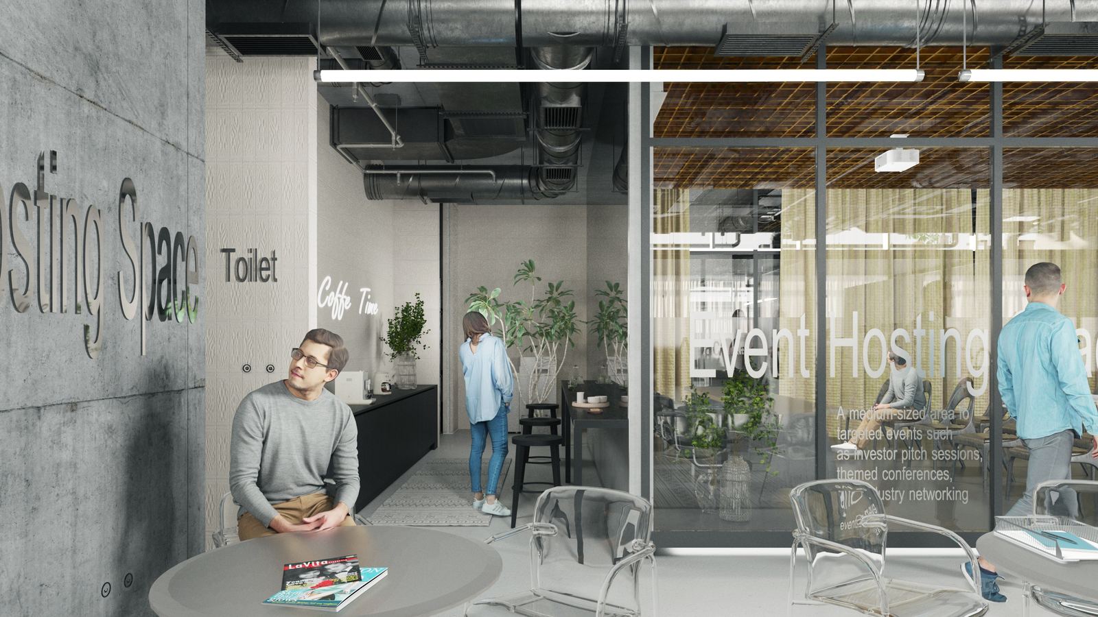 Office café area with glass meeting room and signage.