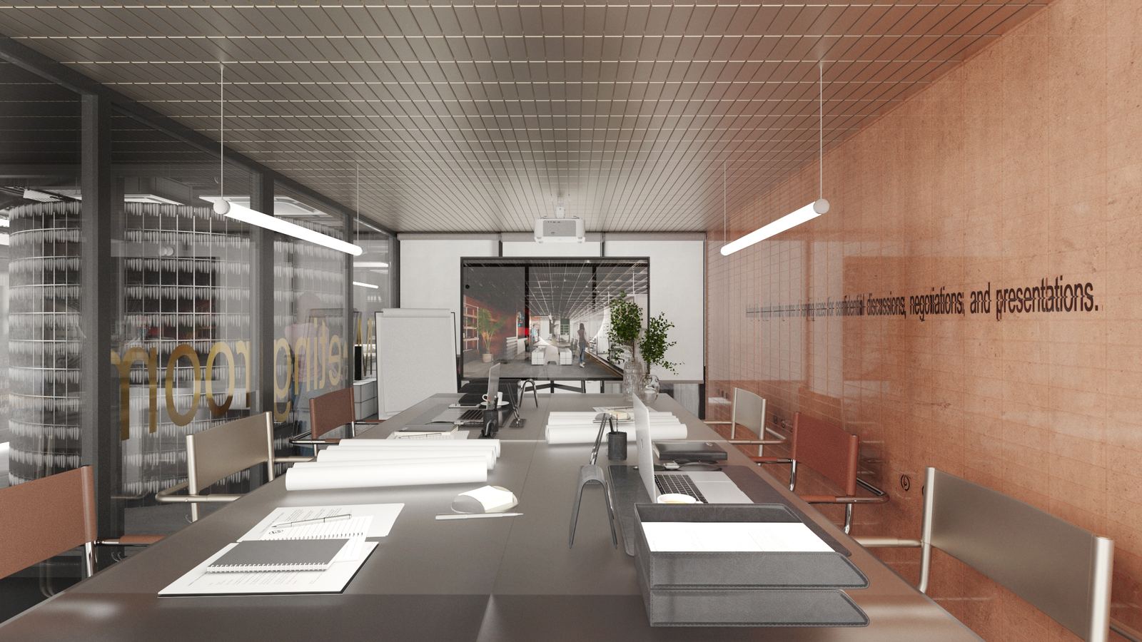 Meeting room with long table and warm material palette.