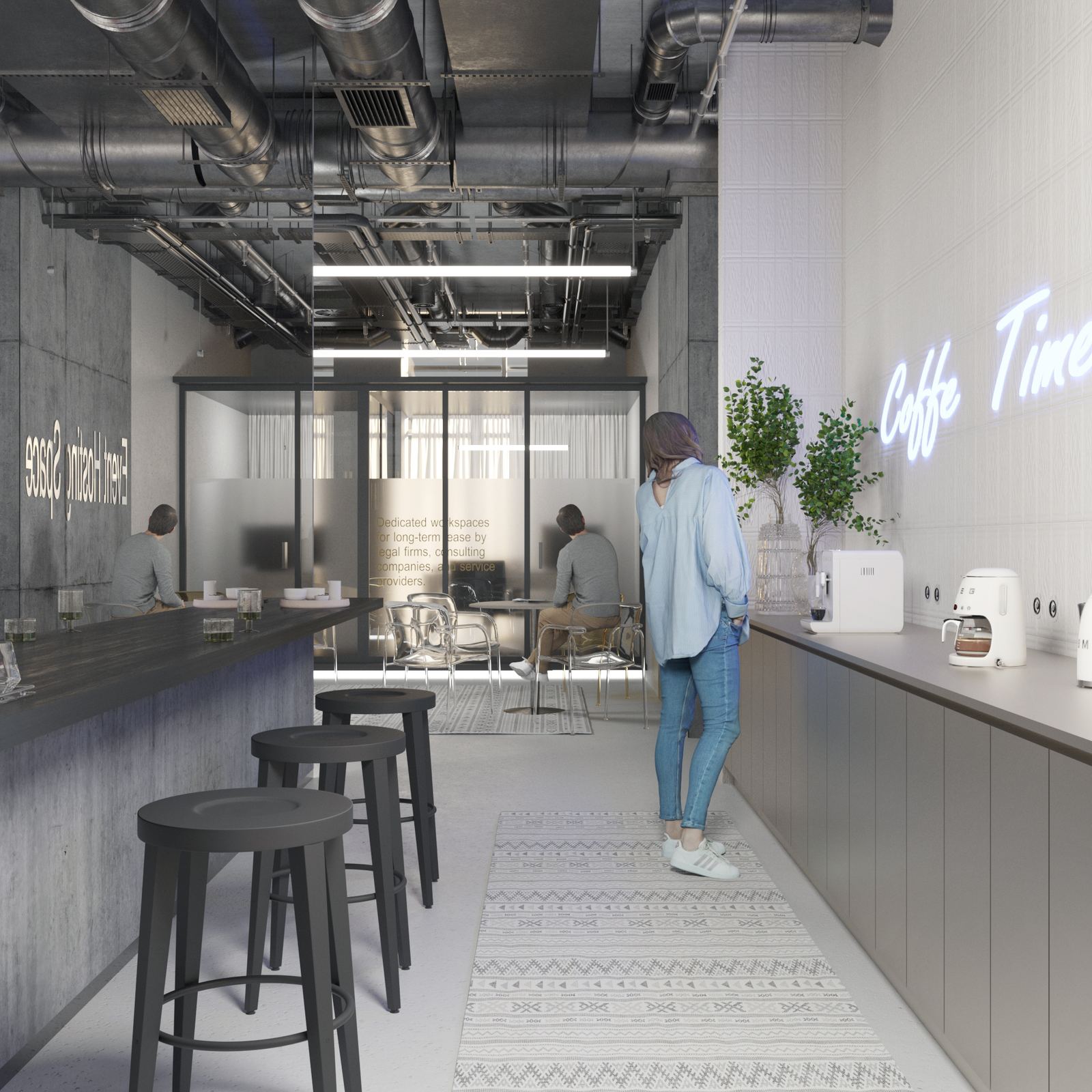 Office coffee bar with seating and glass meeting rooms.