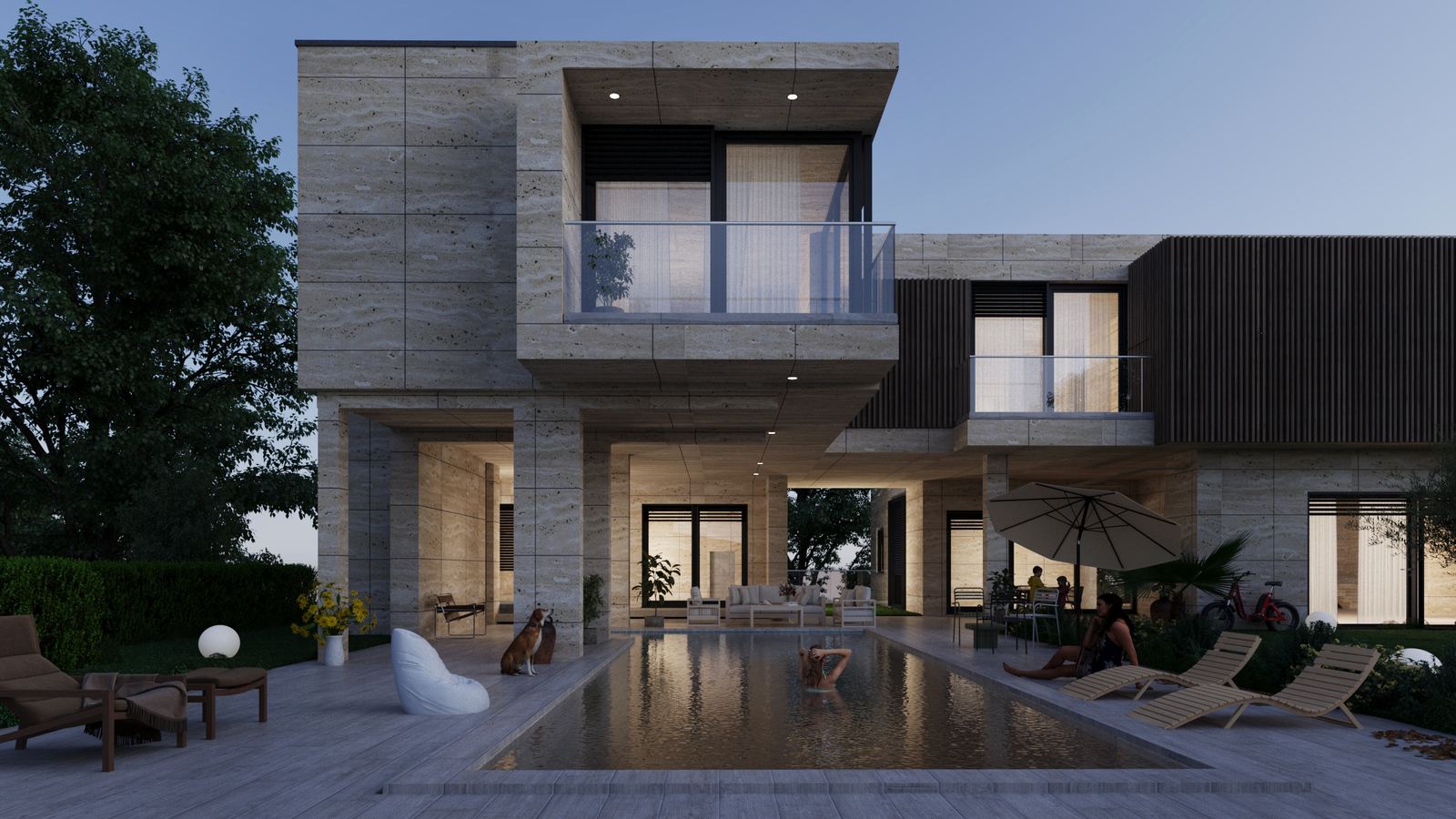 Modern courtyard villa with stone facade, pool, and cantilevered volumes at dusk