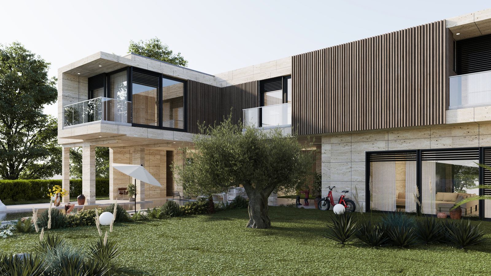 Contemporary stone villa with wooden facade panels and garden view