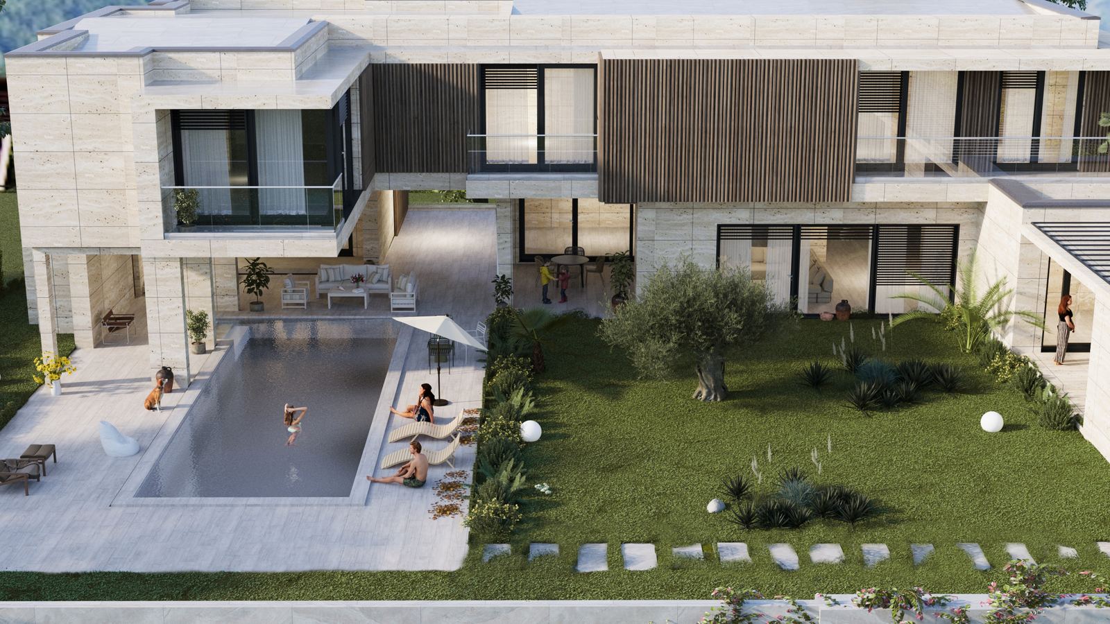 Courtyard villa with pool, garden, and upper volume bridging spaces