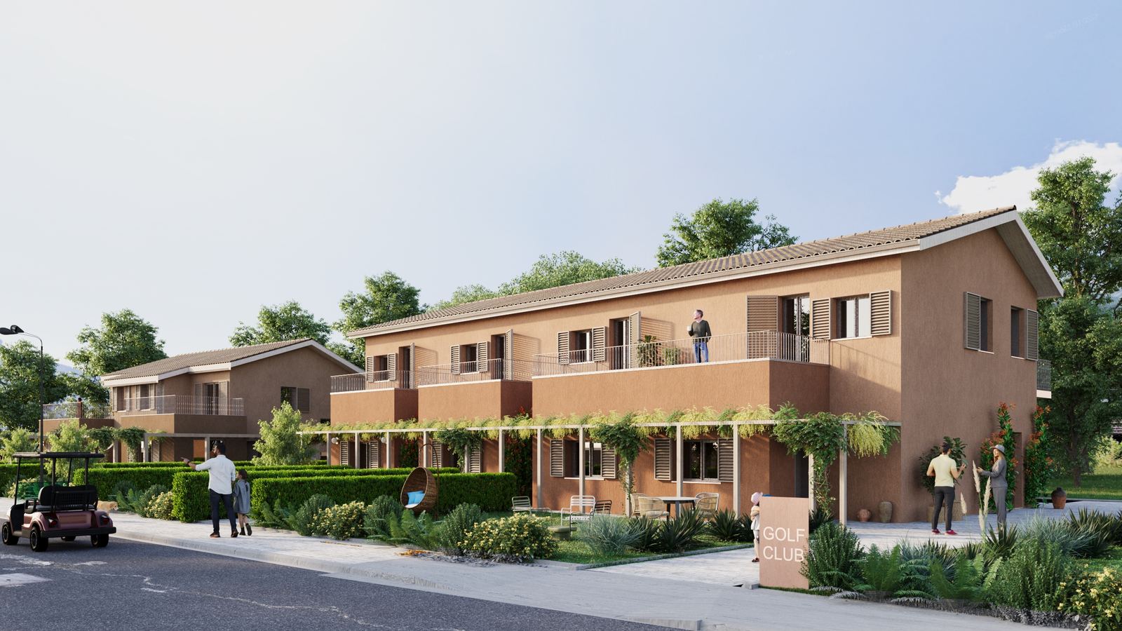 Row of Mediterranean villas with terraces.