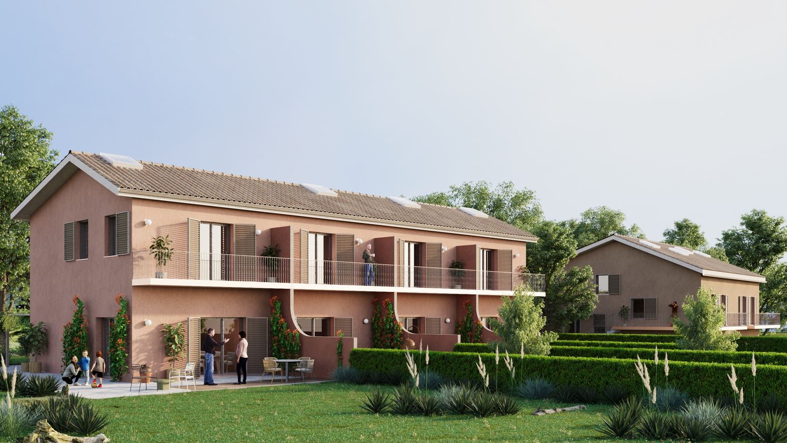 Mediterranean villas with balconies and gardens.