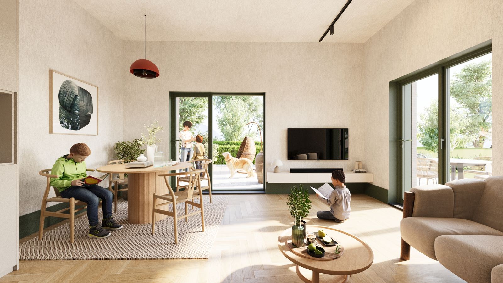 Open living and dining space with terrace.