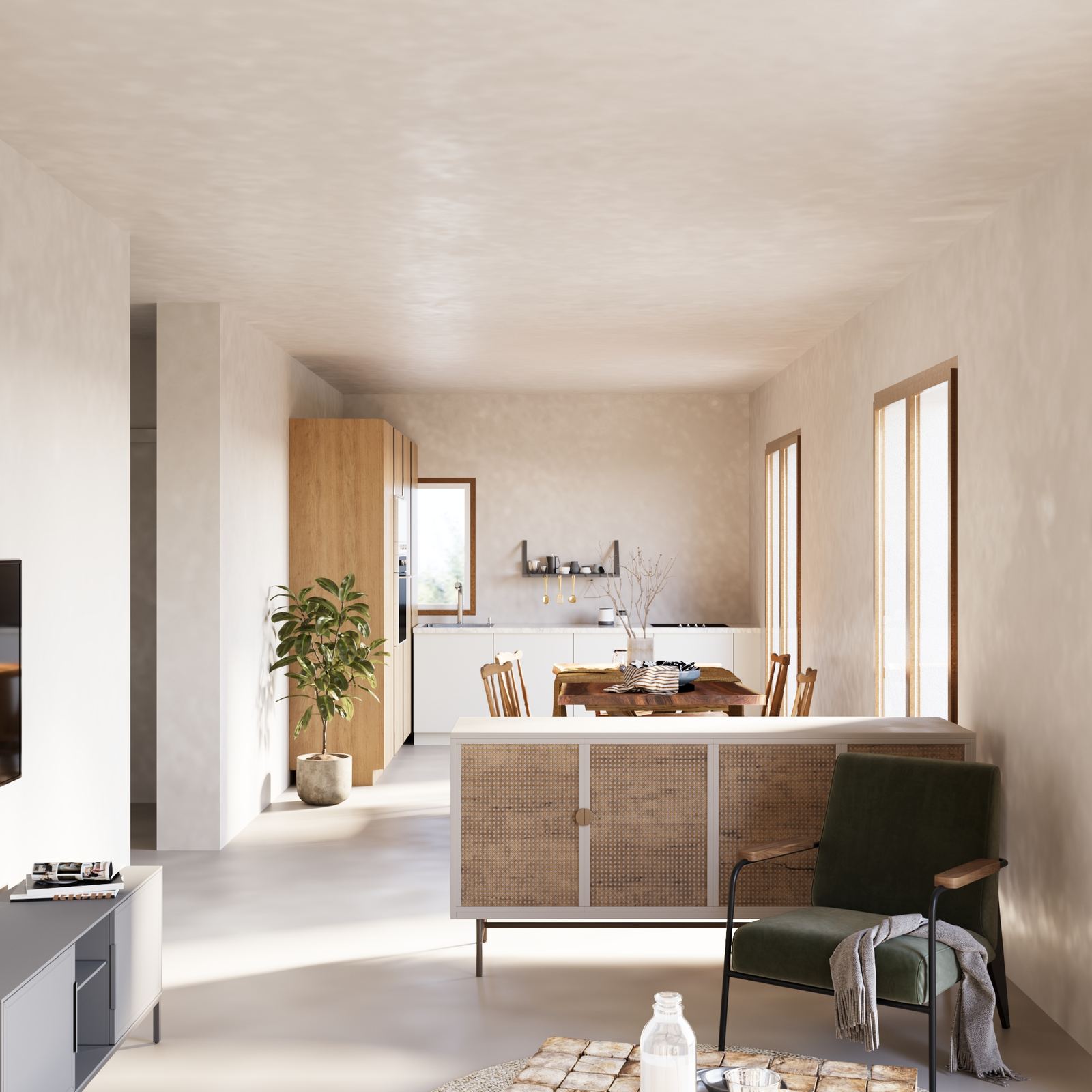 Interior with dining and kitchen space.