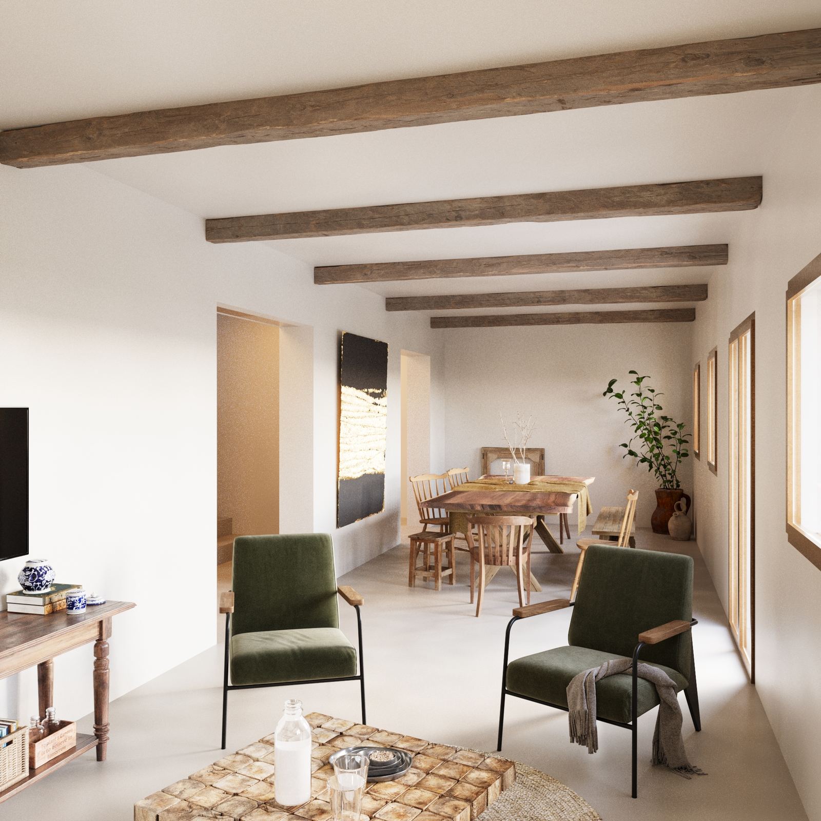 Interior with wooden beams and dining area.