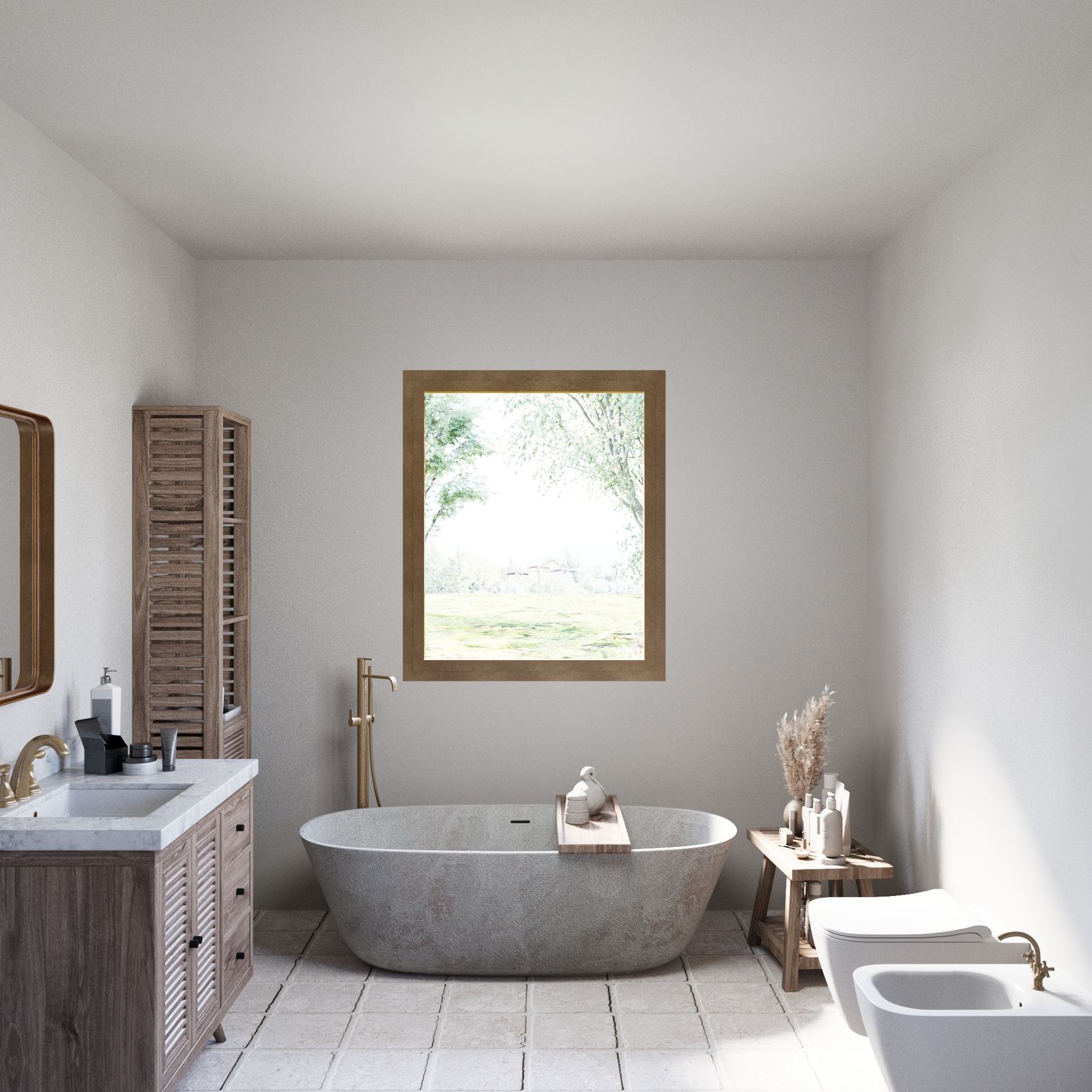 Bathroom with freestanding bathtub.