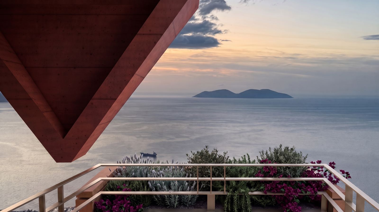 Angular cantilever framing Sazan Island across the open sea at twilight.