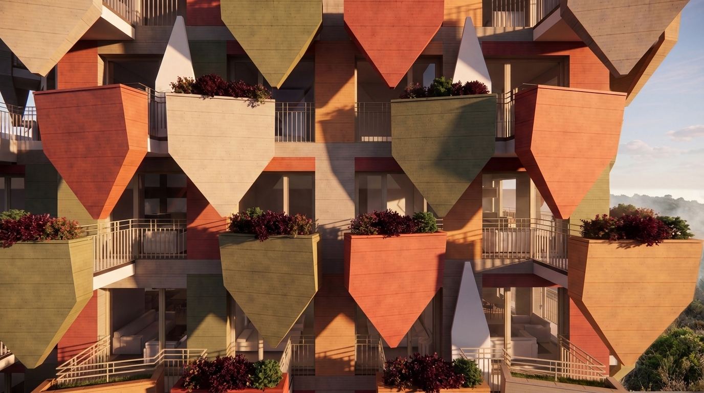 Rhythmic facade elevation displaying polychromatic concrete planters in warm daylight.