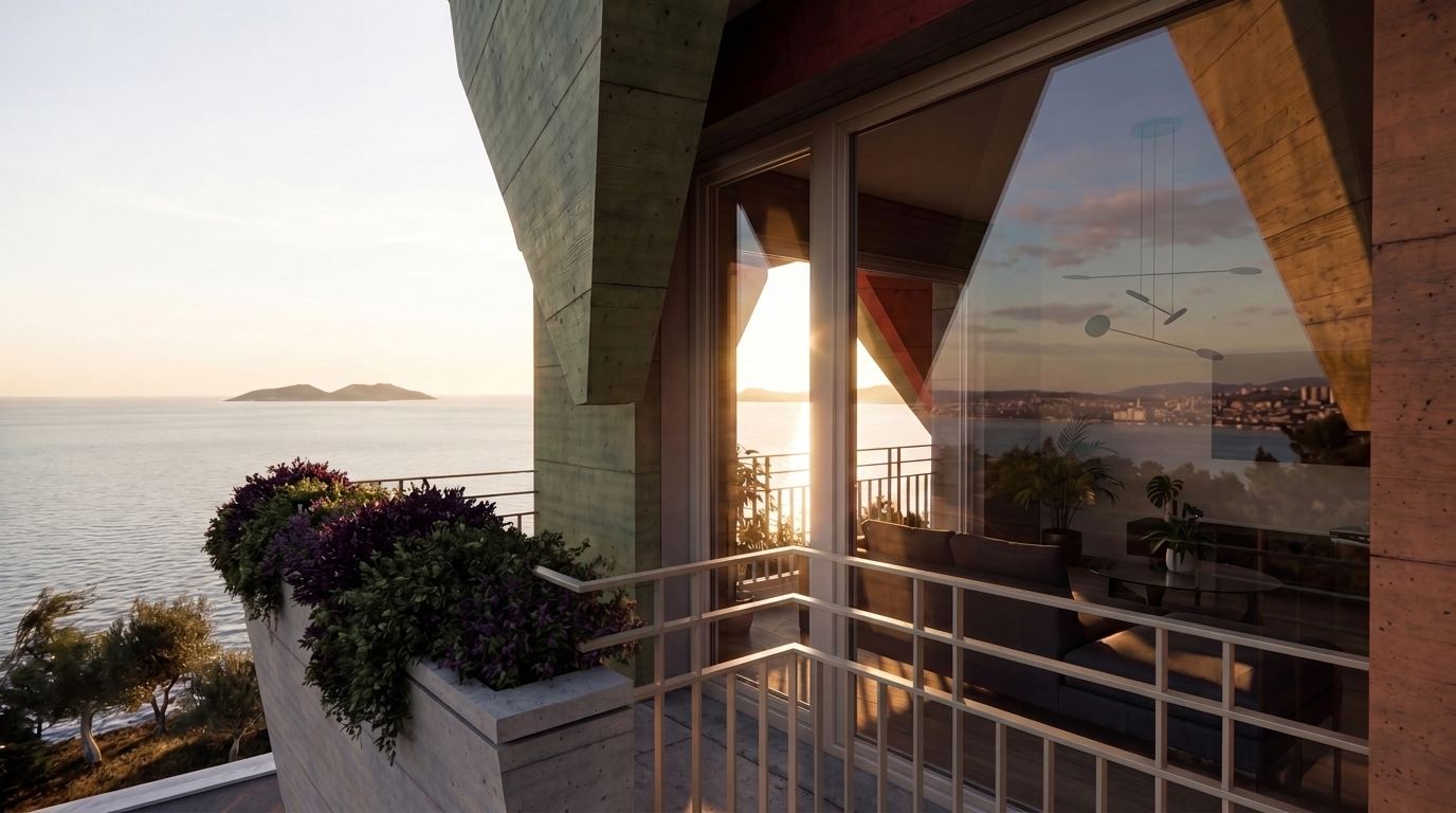 Sunset reflecting in full-height glazing beside an angular olive-green facade mass.