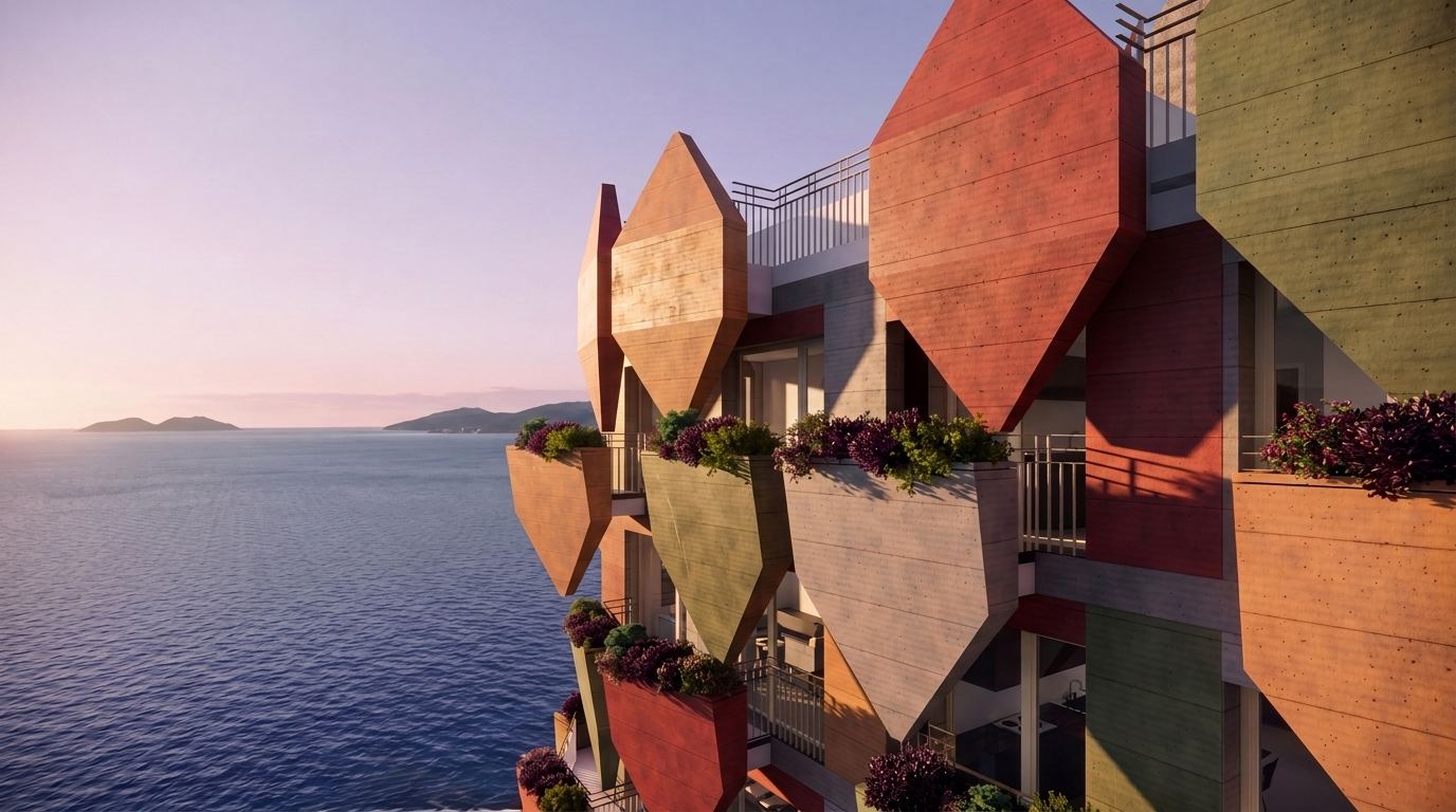 Faceted, terracotta and ochre concrete modules projecting toward the coastline.