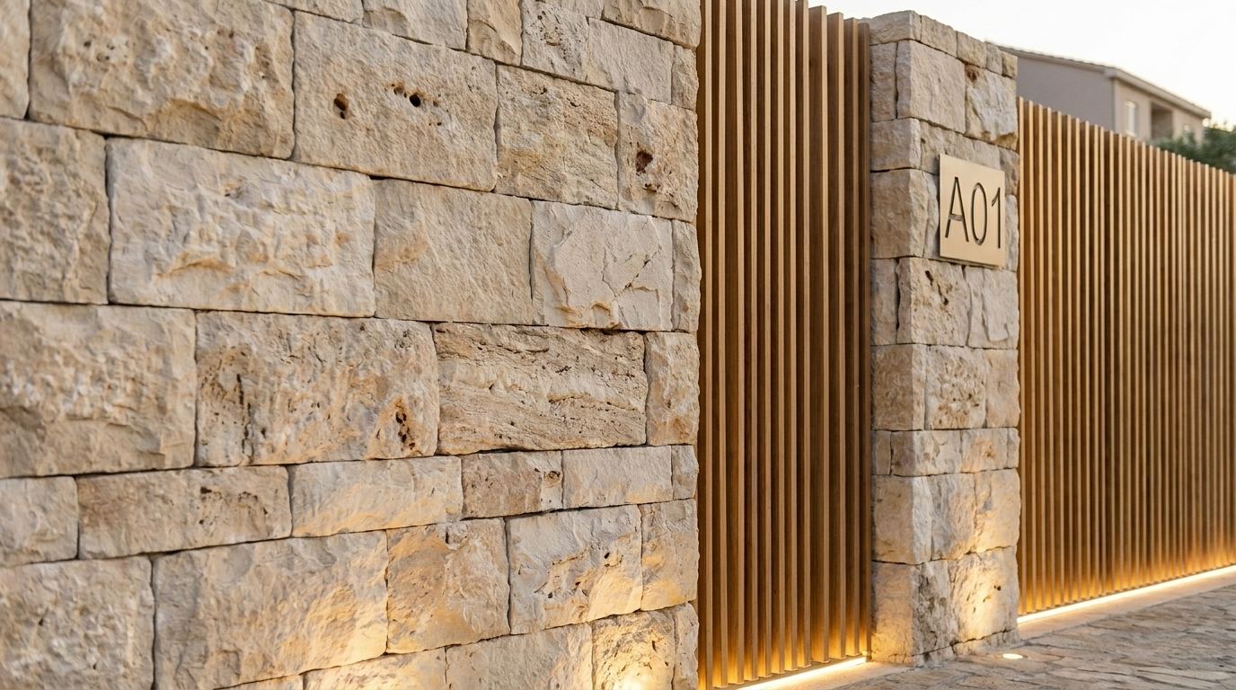 Close-up of natural stone wall and vertical timber slats with integrated lighting detail