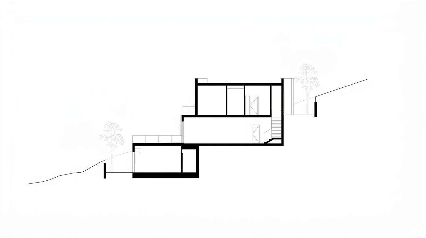 Section diagram of a semi-detached villa adapting to a sloped site