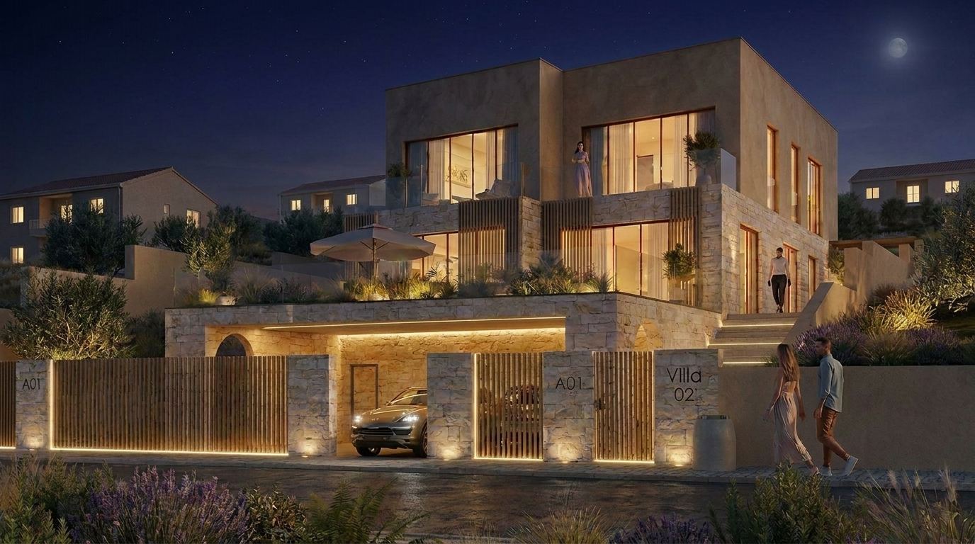 Night view of semi-detached Mediterranean villa with warm interior lighting and illuminated stone and timber facade