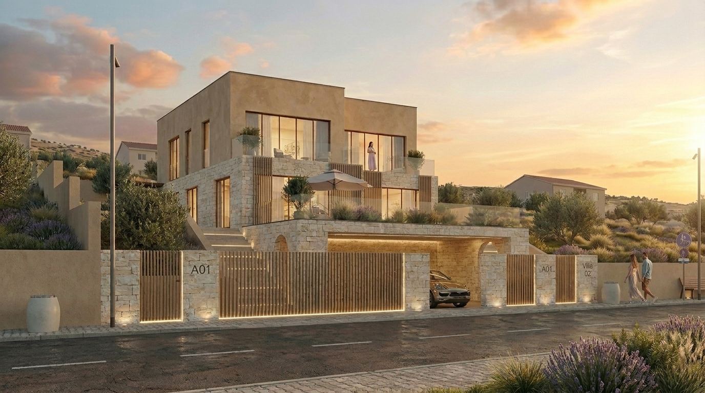 Semi-detached Mediterranean villa in Sarandë with layered stone volumes, terraces, and warm evening lighting overlooking the Ionian Sea